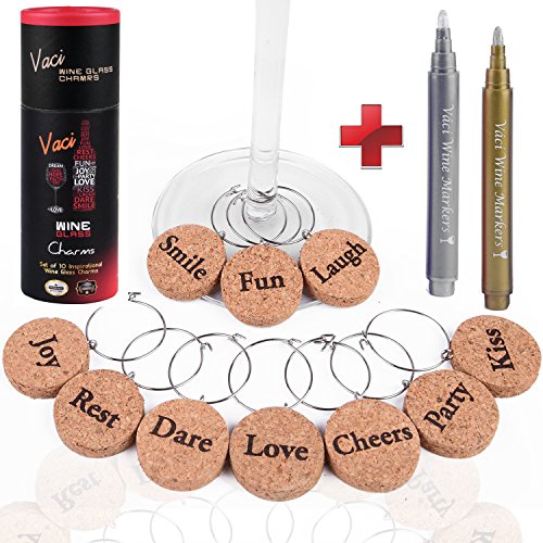 Vaci-Wine-Charms-Set-of-10-Inspirational-Drink-Markers-2-Wine-Glass-Markers-Authentic-Wine-Corks-Material-0