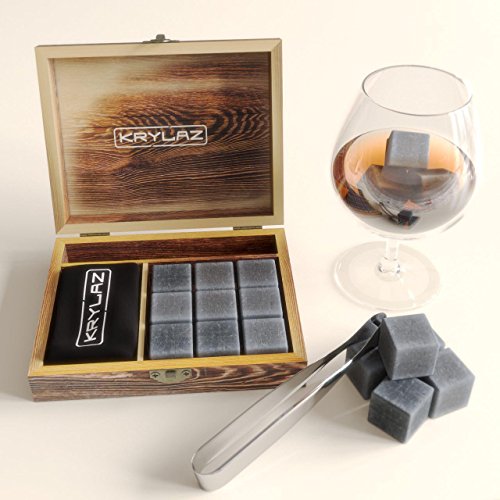 Whiskey-Stones-Gift-for-Men-Scotch-Whiskey-Stones-Set-Premium-Bar-Accessories-with-9-Chilling-Rocks-instead-ice-cubes-Does-Not-Dilute-Your-Drink-Wooden-Box-Set-Velvet-Carrying-Bag-Ice-Tongs-0-0